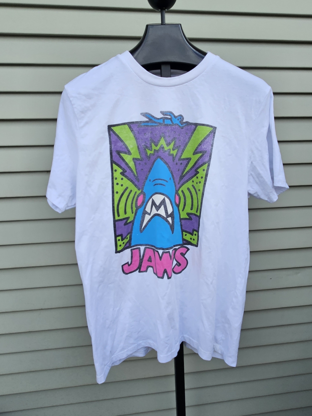 Vintage Jaws Graphic Tee - White with Blue & Pink Shark Design